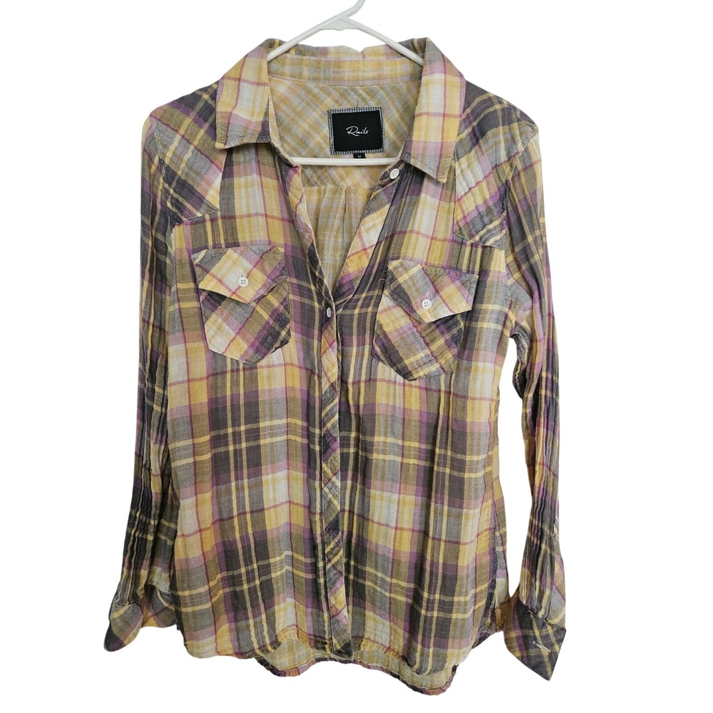 Rails women's cotton gauze plaid button-up shirt yellow and purple plaid Medium